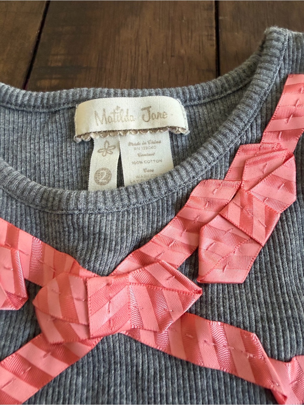Matilda Jane Gray Ribbed Top with Coral Pink Ribbon Accents